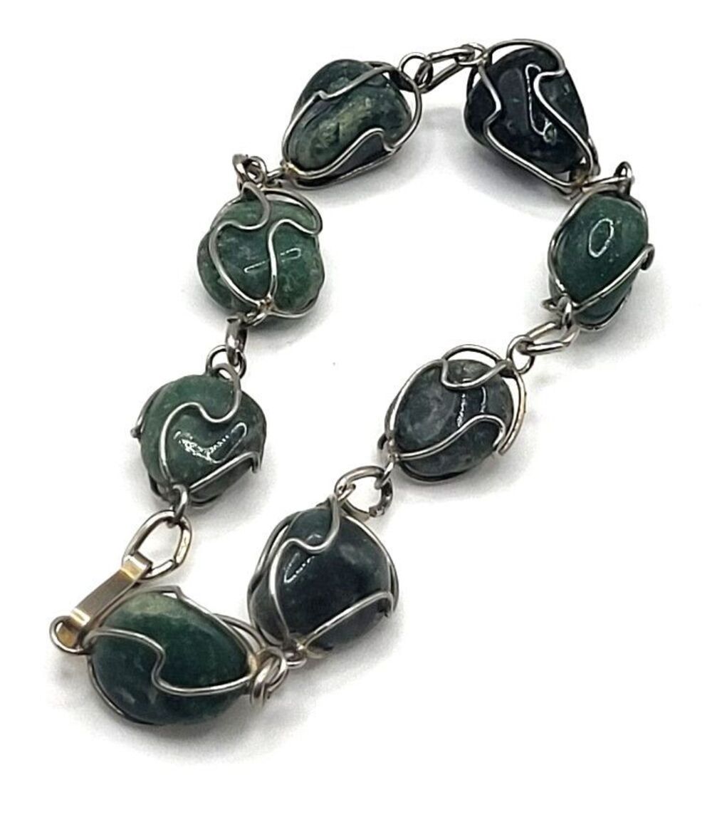Green Aventurine Wire Wrapped Bracelet Gemstone 7.75in Chunky Boho